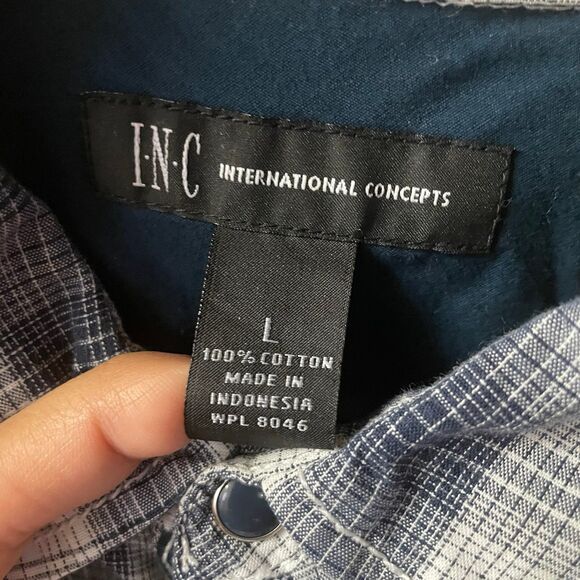 INC International Concepts Men’s Cream & Blue Plaid Button Down Shirt Sz L EUC - Picture 4 of 12
